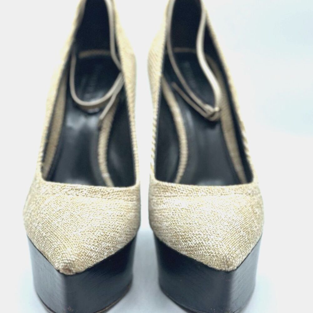 Burberry Tan Woven Platform Wedge Pumps Black Heels Sz 39 - Picture 4 of 9